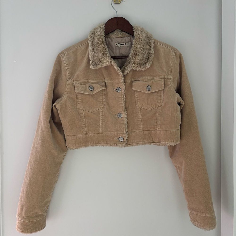 Y2K Clash Tan Corduroy Cropped Sherpa Collar Jacket Size Large